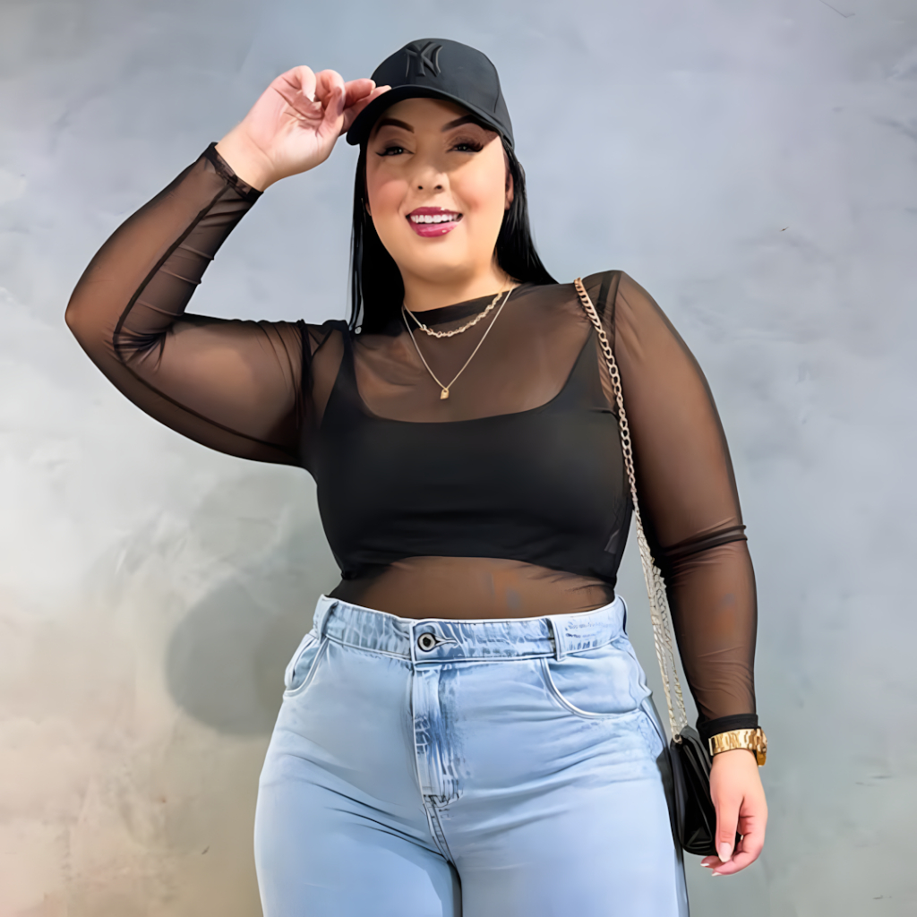 Body Manga Longa De Tule Plus Size Transparente Blusa Moda Festa Balada