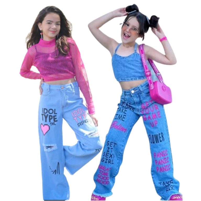 Calça Jeans Wide Leg infantil Juvenil Estampada c