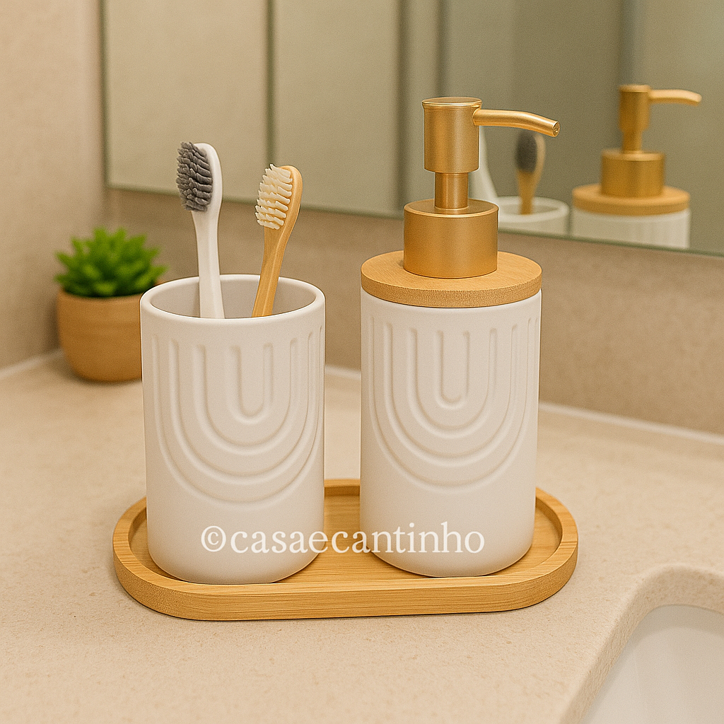 Kit Banheiro Lavabo Porta Sabonete liquido Dispenser e Porta Escova de Dente Cerâmica Decoração