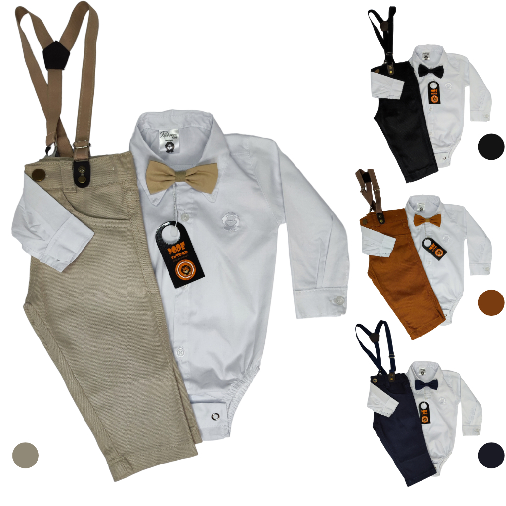 Conjunto body social manga longa calça e suspensório gravata – para batizado festa casamento pajem