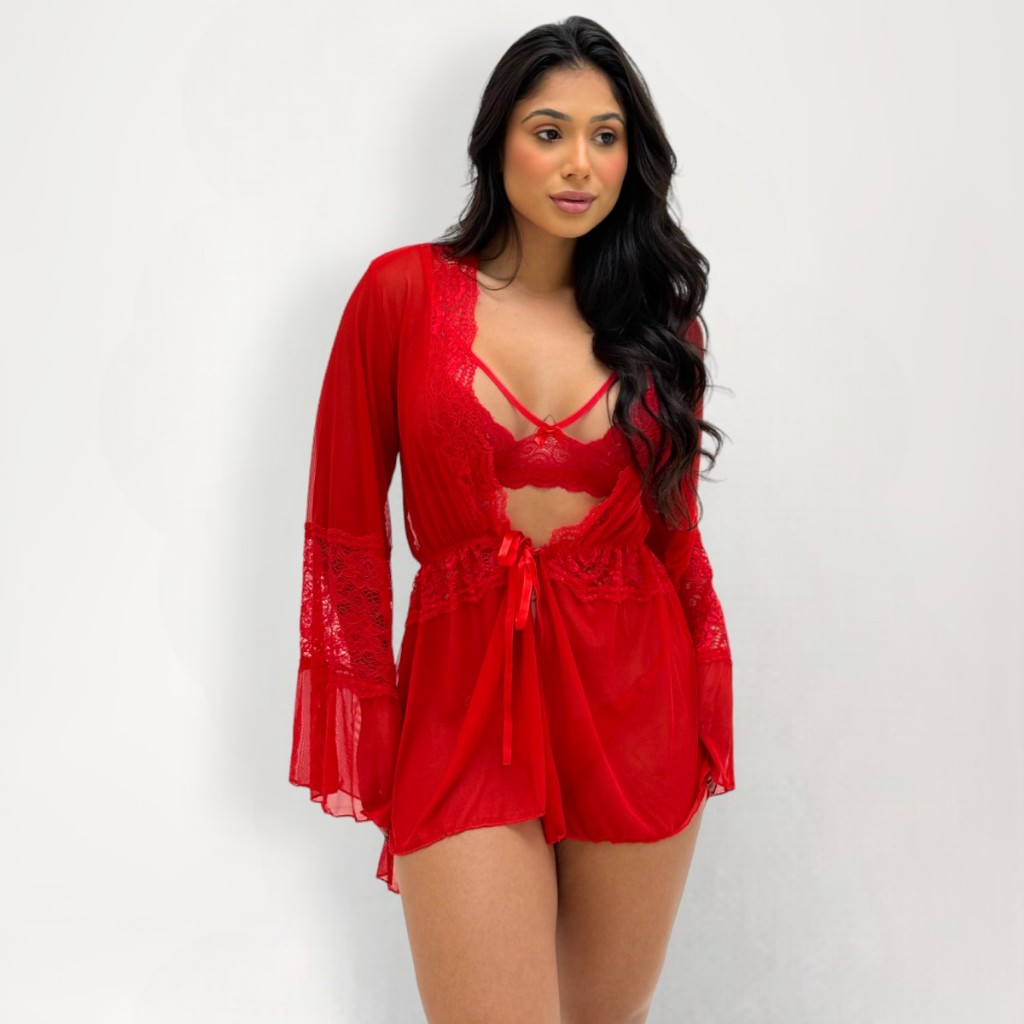 Robe Feminino Tule e Renda Patrícia Rendado Robe Luxo Lingerie Feminina