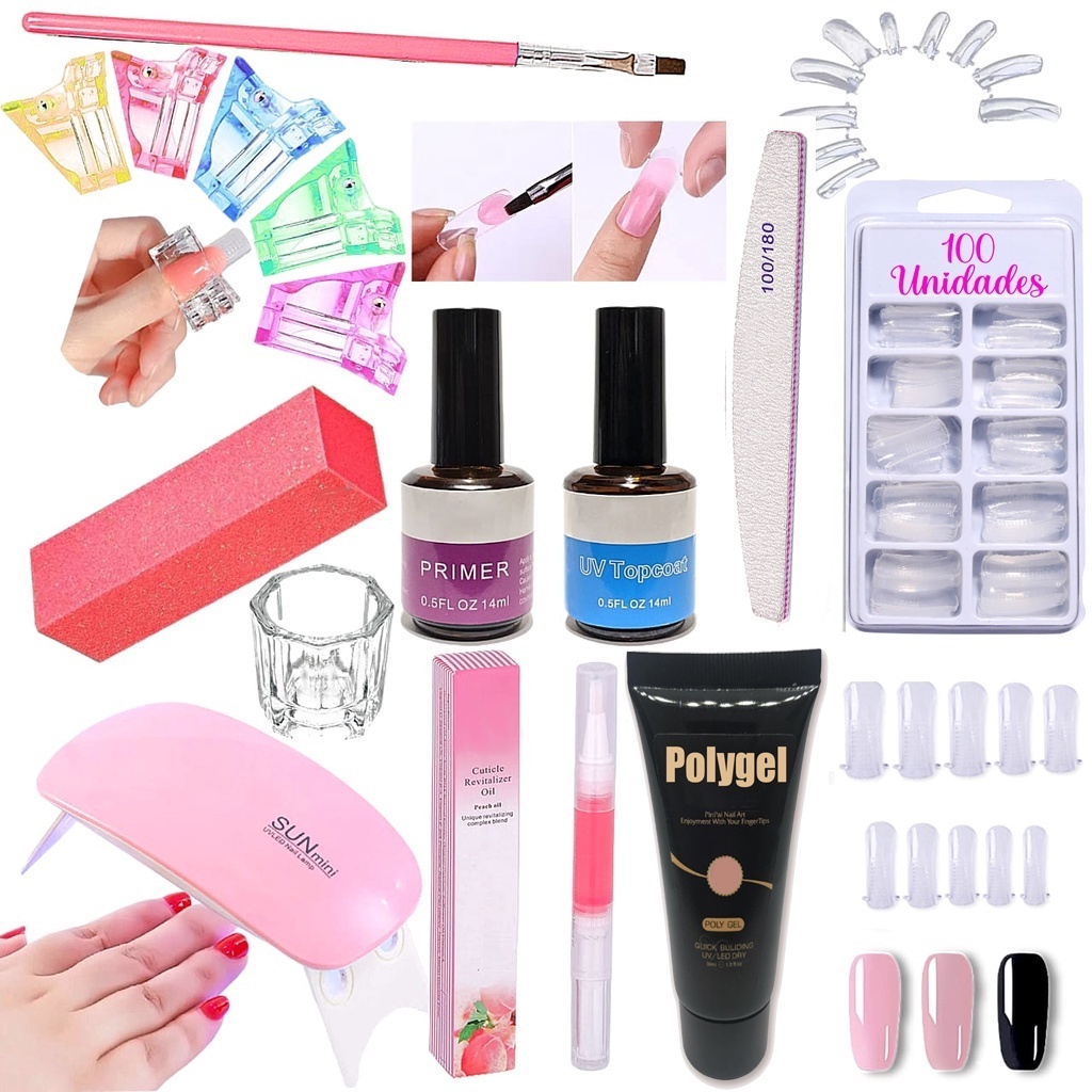 Kit Polygel Alongamento De Unha + Molde F1 + Lixa + Top Coat + Primer + Cabine Sun Mini Poligel Unha