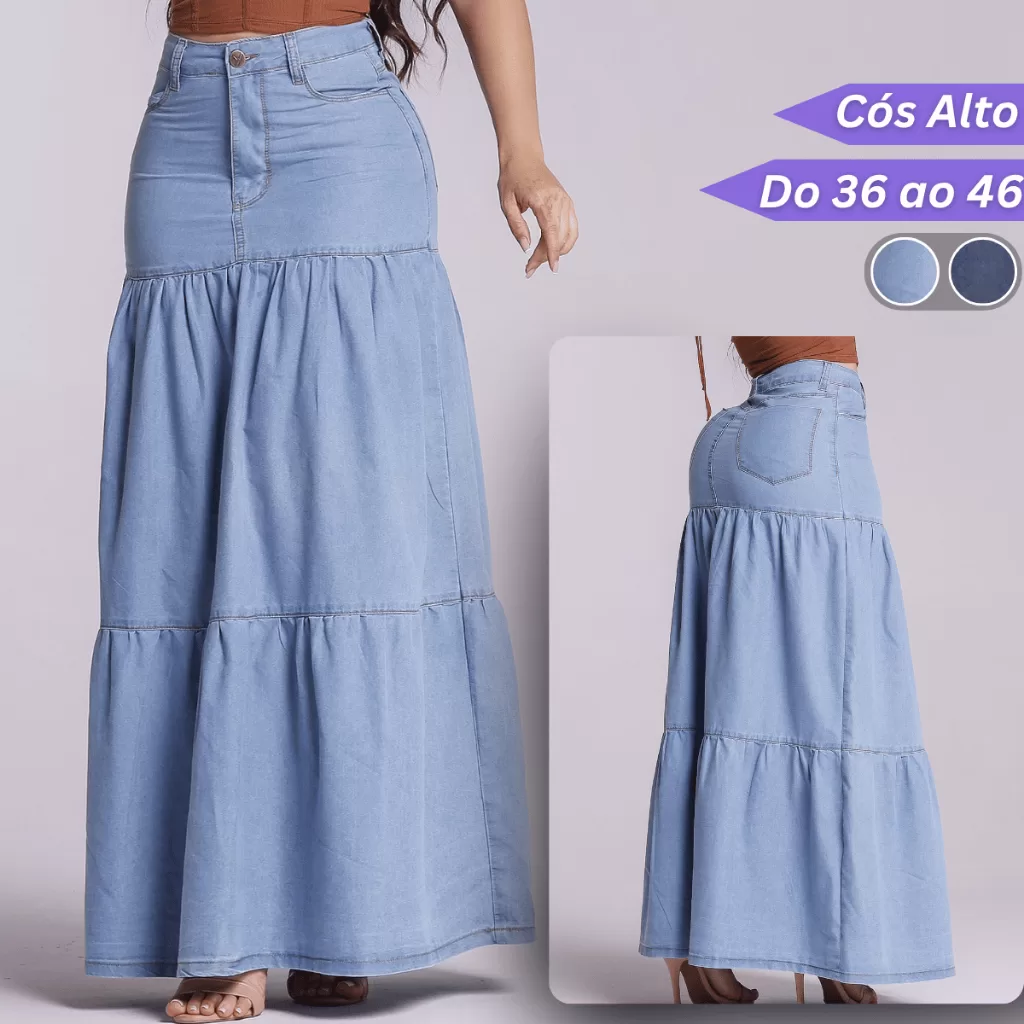 Saia Jeans Longa Feminina Evangélica Leve Sem Lycra 3 Marias Cós Alto Rodada Casual Confortável