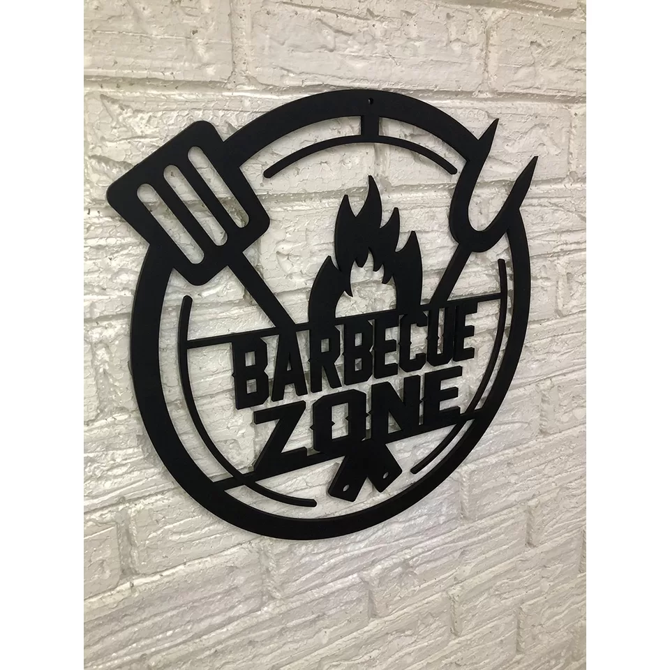 Placa Decorativa Cantinho do Churrasco Redonda BARBECUE ZONE Churrasqueira em MDF Preto