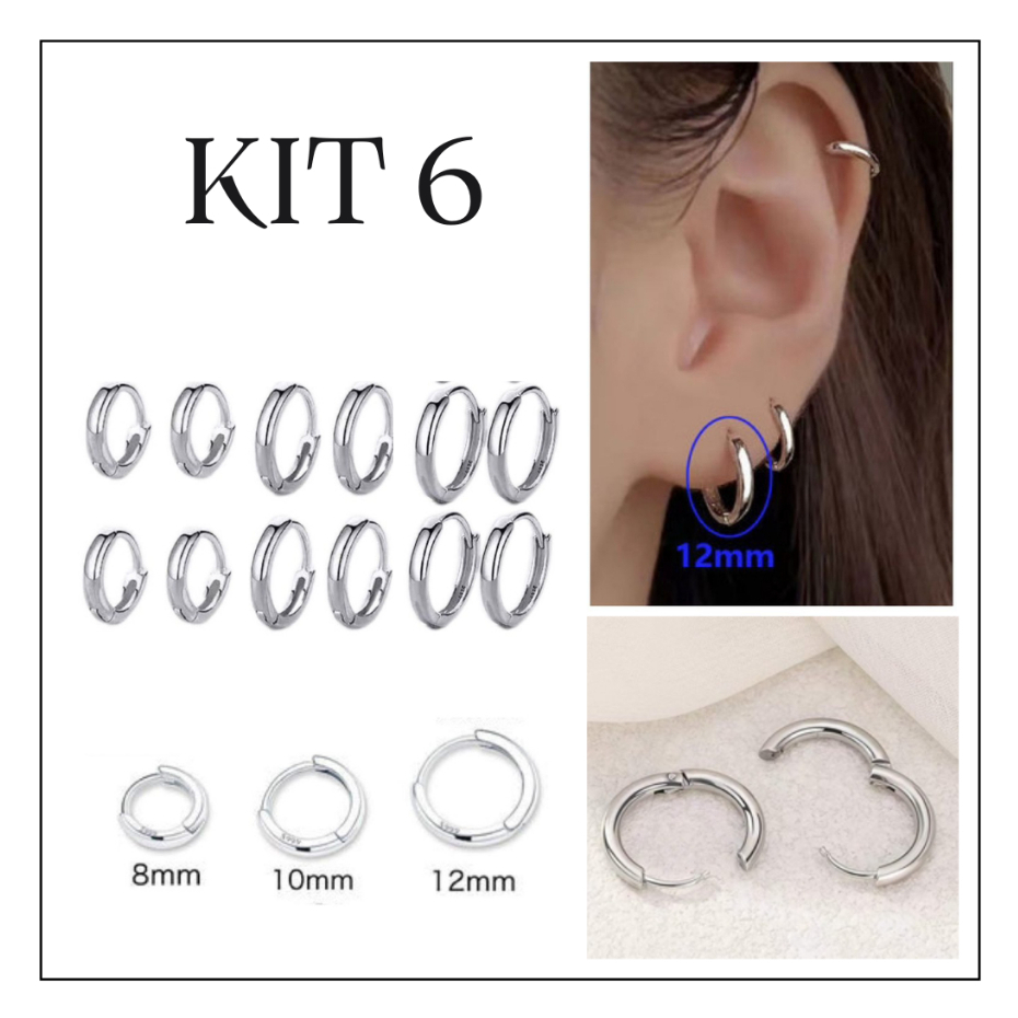 Kit 3 pares Aço Inoxidável Brinco Argola Punk Rock Ródio Círculo Unisex