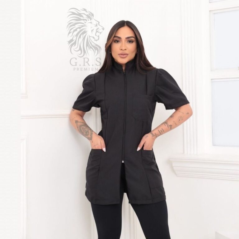 Jaleco Preto Feminino Personalizado Com Manga Bufa