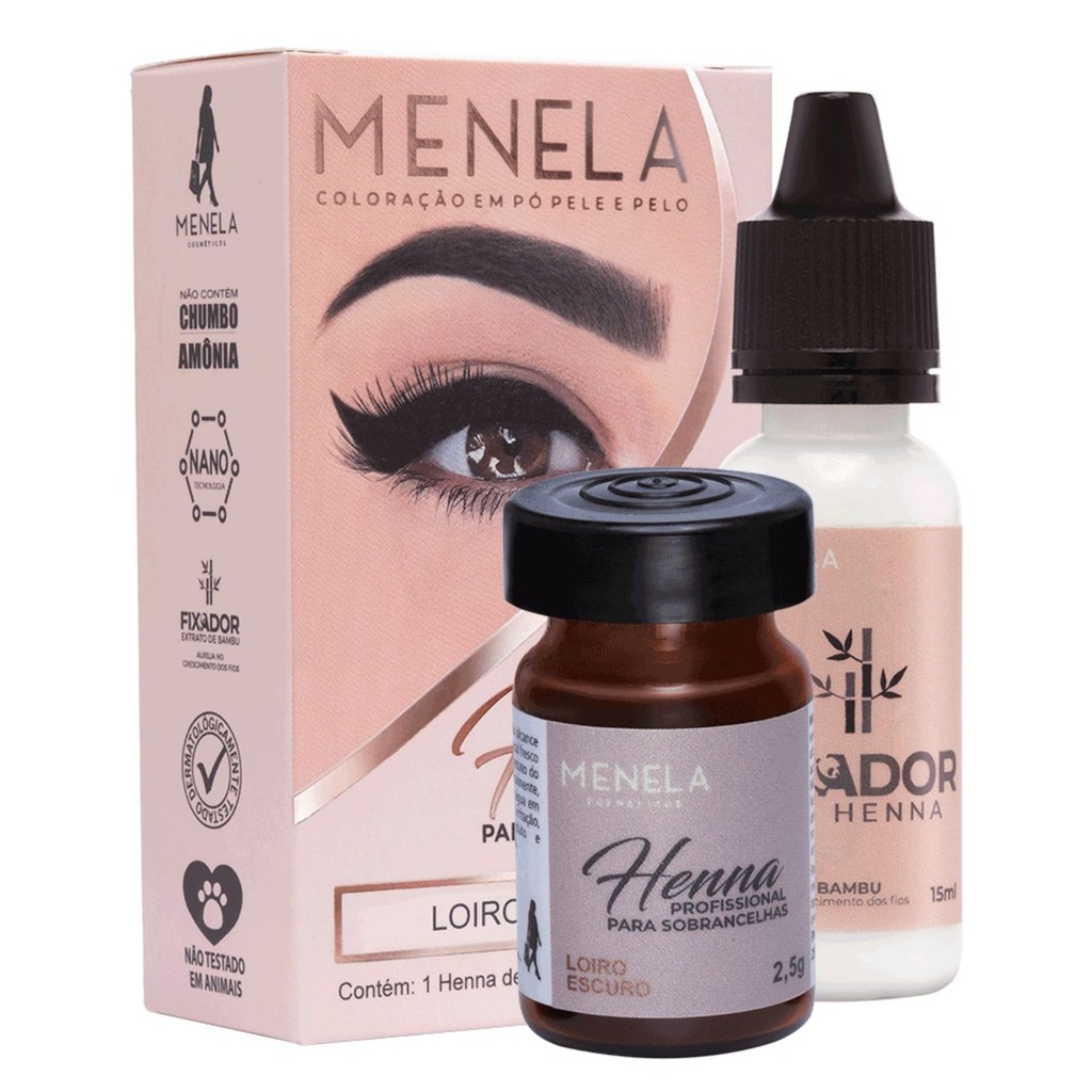 Henna Menela Profissional para Designer de Sobrancelhas Cor Loiro Escuro 2,5g – Com Fixador e Nanote