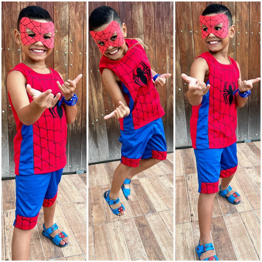 Conjunto Infantil Homem Aranha Fantasia Festa de Aniversario Spider Man Material Elanca Ligth