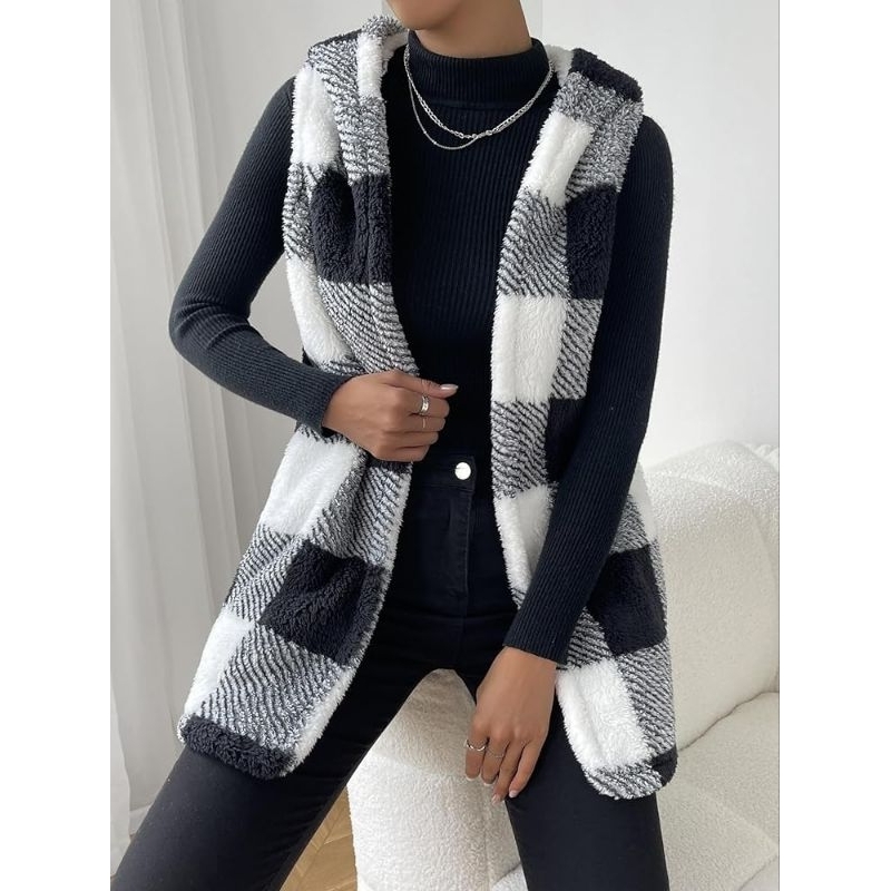 Colete Xadrez Feminina Sem Manga Com Capuz