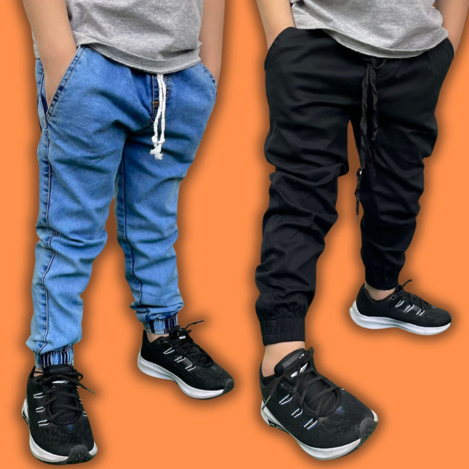 Kit 2 Calças Jogger Infantil Juvenil – Calça de criança jeans Sarja apertada da moda 2 ao 16