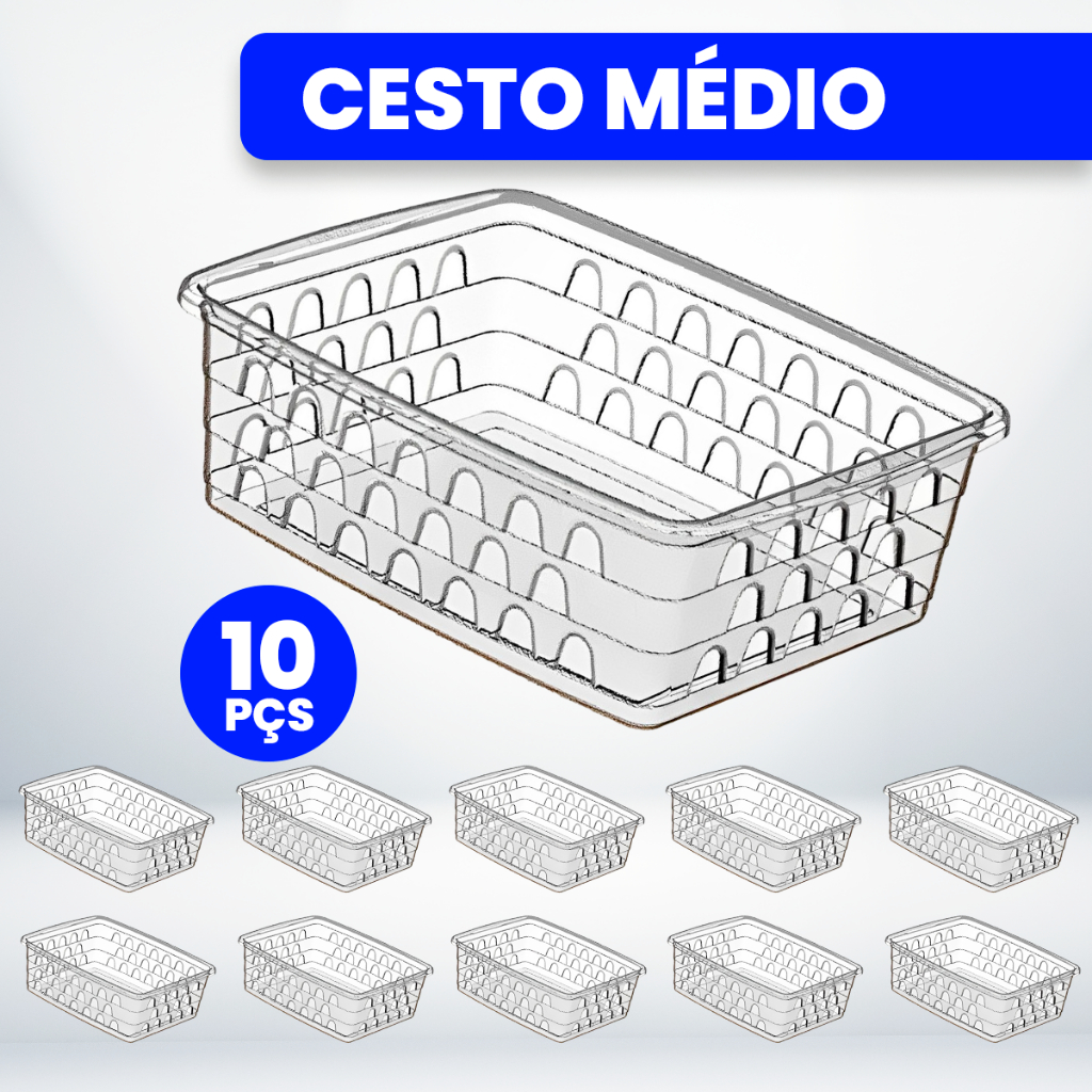 Kit com 10 Cestos Organizadores Multiuso Transparente 20×15,5×6,5 Médio