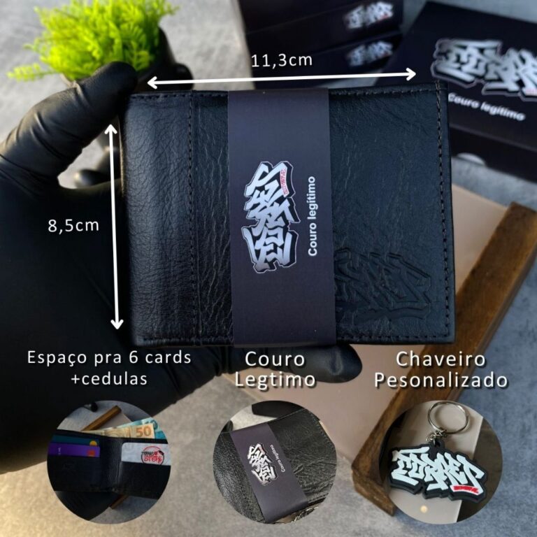 Carteira Masculina de Couro Com Chaveiro Cor Preto