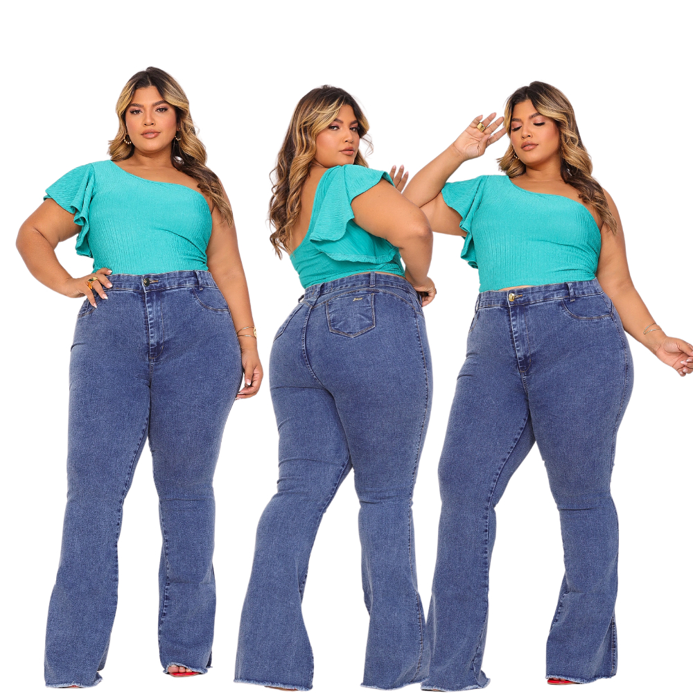 Calça Jeans Feminino Plus Size Marmorizada Cintura Alta Com Lycra Strech Elastano Premium- Curve