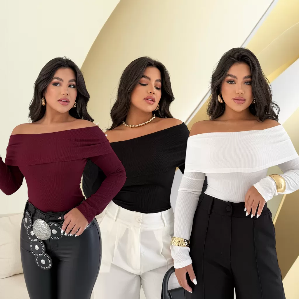 Blusinha Feminina Ombro a Ombro Manga Longa Ribana Canelada Blusa