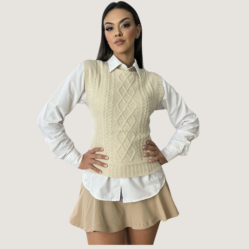 Blusa Colete em Tricô Manga Cavada Pulover Gola Redonda Tramas em Aran Moda Outono/Inverno