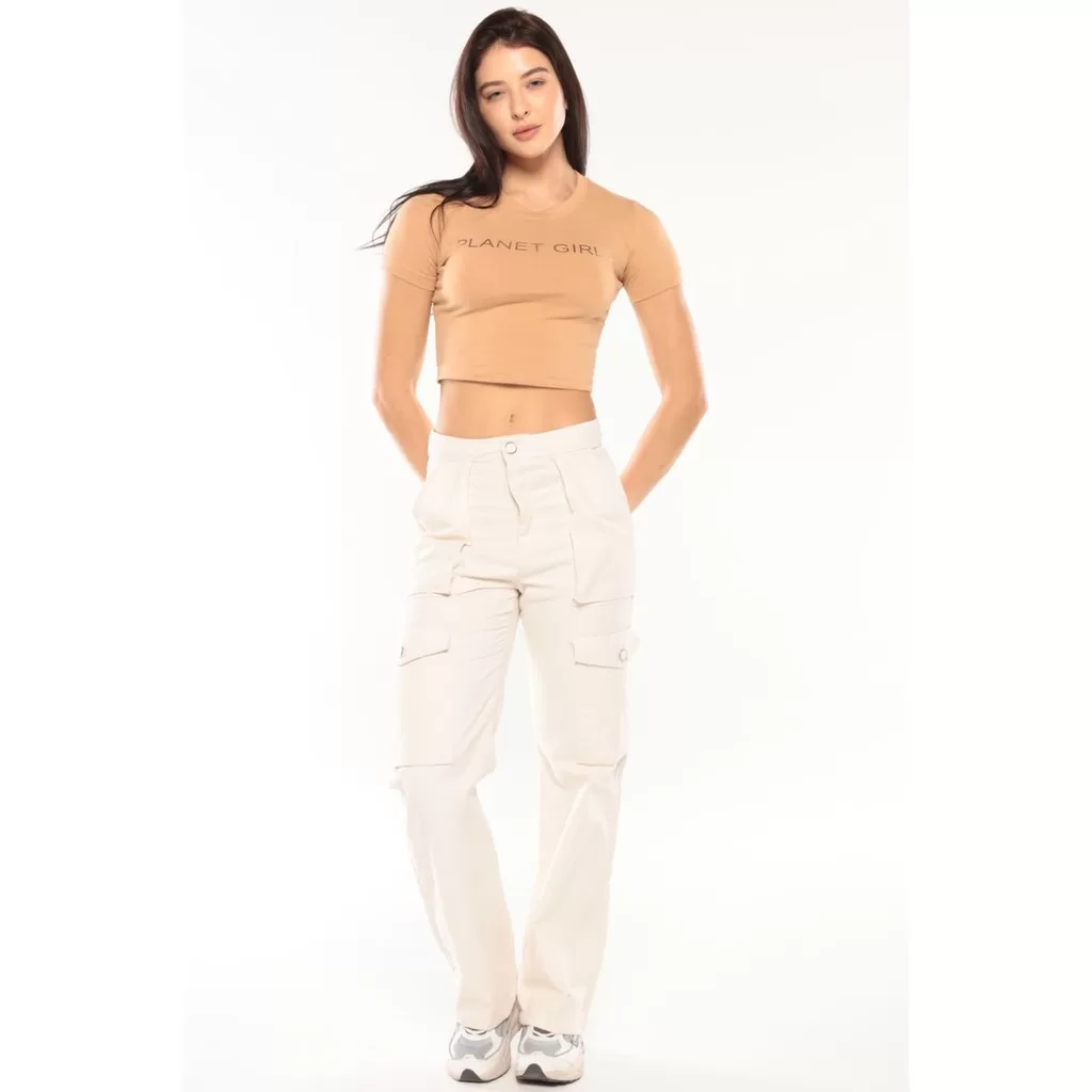 Calça Alfaiataria Feminina Cargo Planet Girls Bege Claro