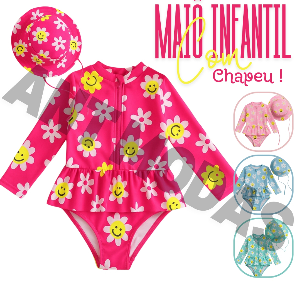 Maiô Manga Longa Infantil Menina Bebe Biquini Proteção Uv 50 Moda Praia Piscina Manga Comprida