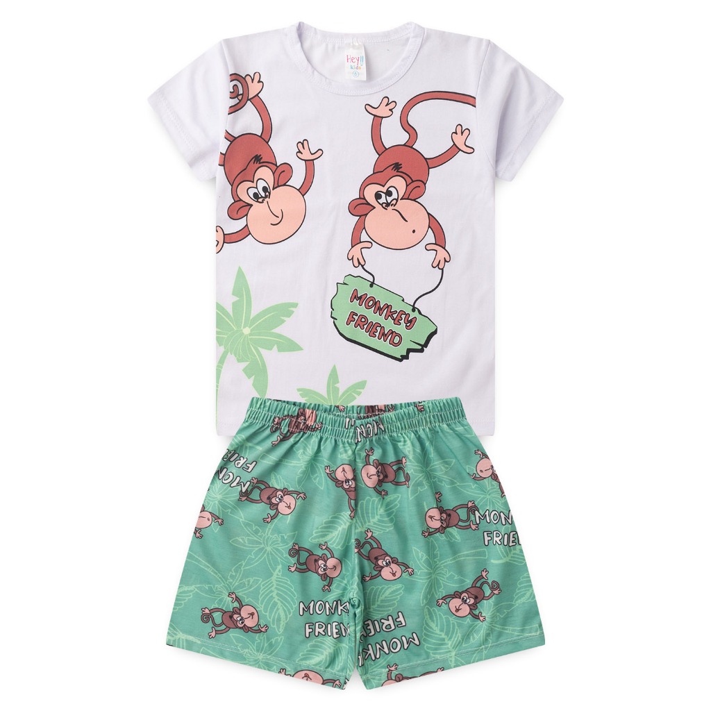 Pijama BRILHA NO ESCURO Infantil Menino Verão Monkey Friend – Hey Kids Branco