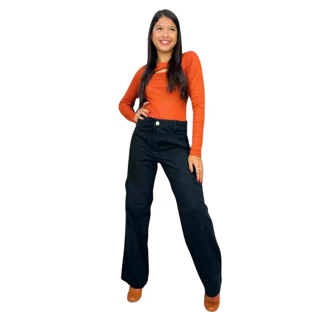 Calça Cargo Larga infantil feminina juvenil com bolsos laterais e sarja moda streetwear feminina 202