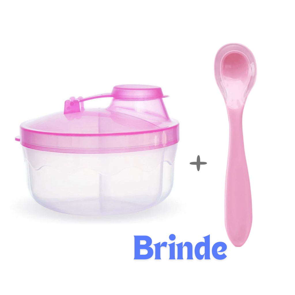 Porta Leite em Pó para Bebê c/ 3 Divisórias + Colher c/ Ponta de Silicone