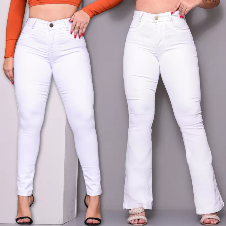 Calça Feminina Jeans Branca Skinny e Flare Wide L