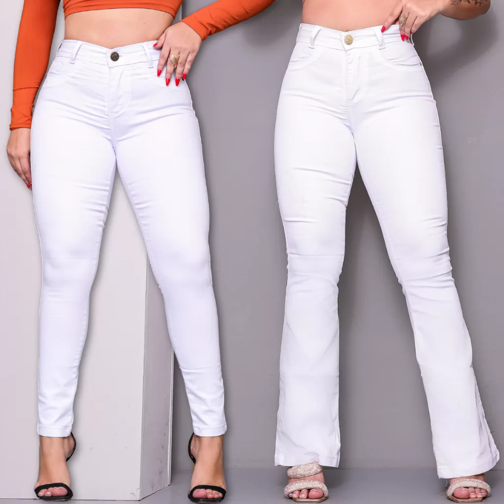 Calça Feminina Jeans Branca Skinny e Flare Wide Leg Enfermagem Hospital Medicina Lycra Boca de Sino