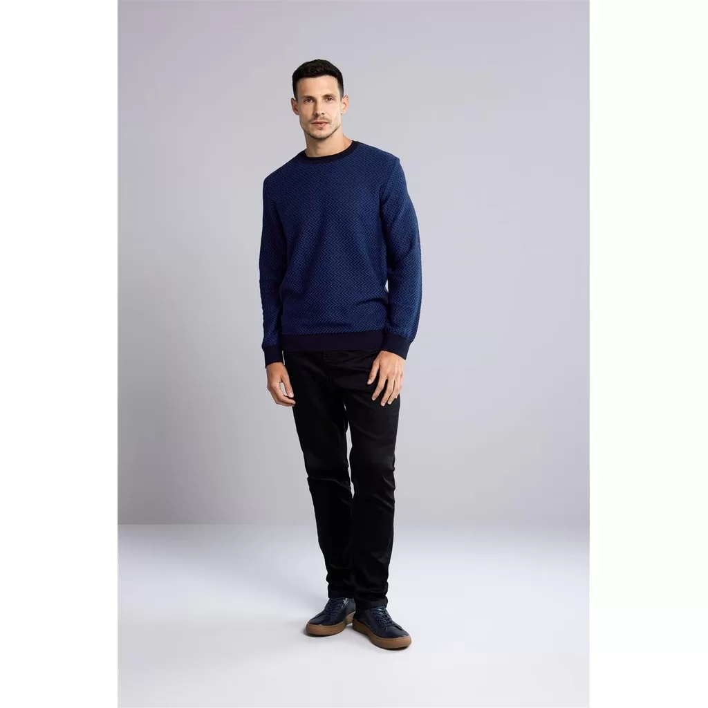 Tricot Gola Careca Jacquard – Azul Marinho