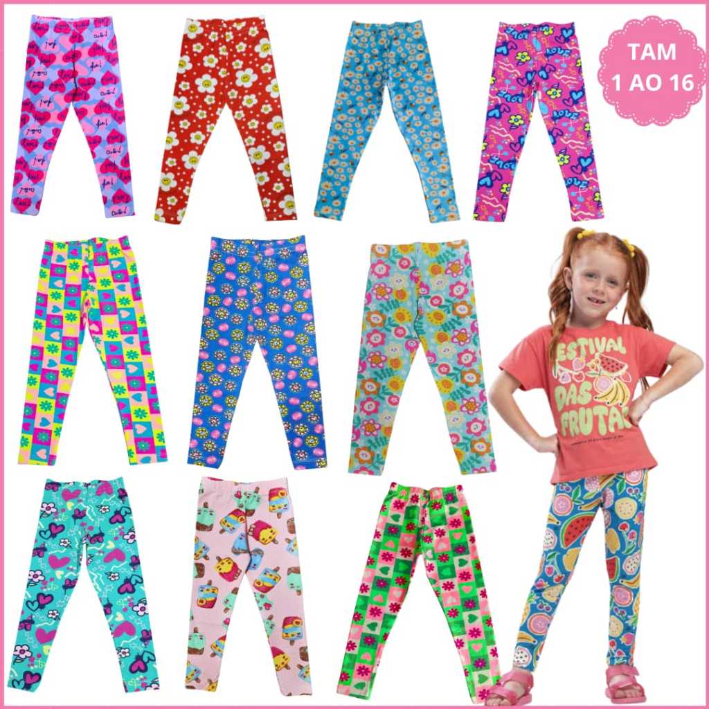 Kit 5 Calça Infantil Legging Menina Feminina em Algodão Bebê e Juvenil Lisa Estampada 1 ao 16