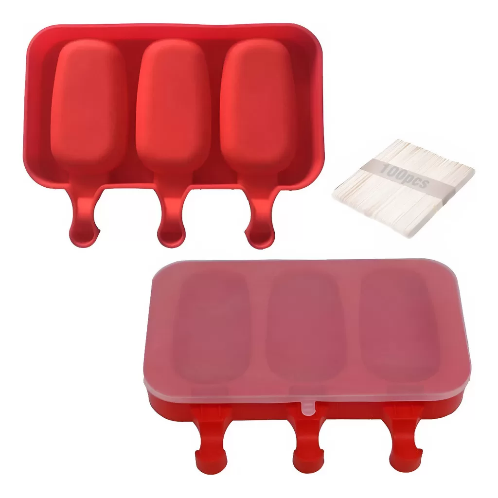 Kit 2 Forma Molde Para Sorvete Picolé Silicone C/ Tampa mais 100 Palitos 6 Sorvete