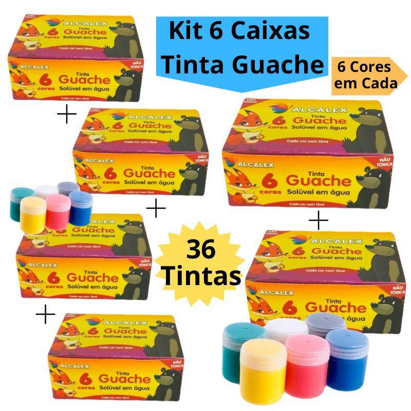 Kit 6 Caixas Tinta Guache 15ml Caixa Com 6 Cores Diferentes 36 Tintas Infantil Escolar Alcalex
