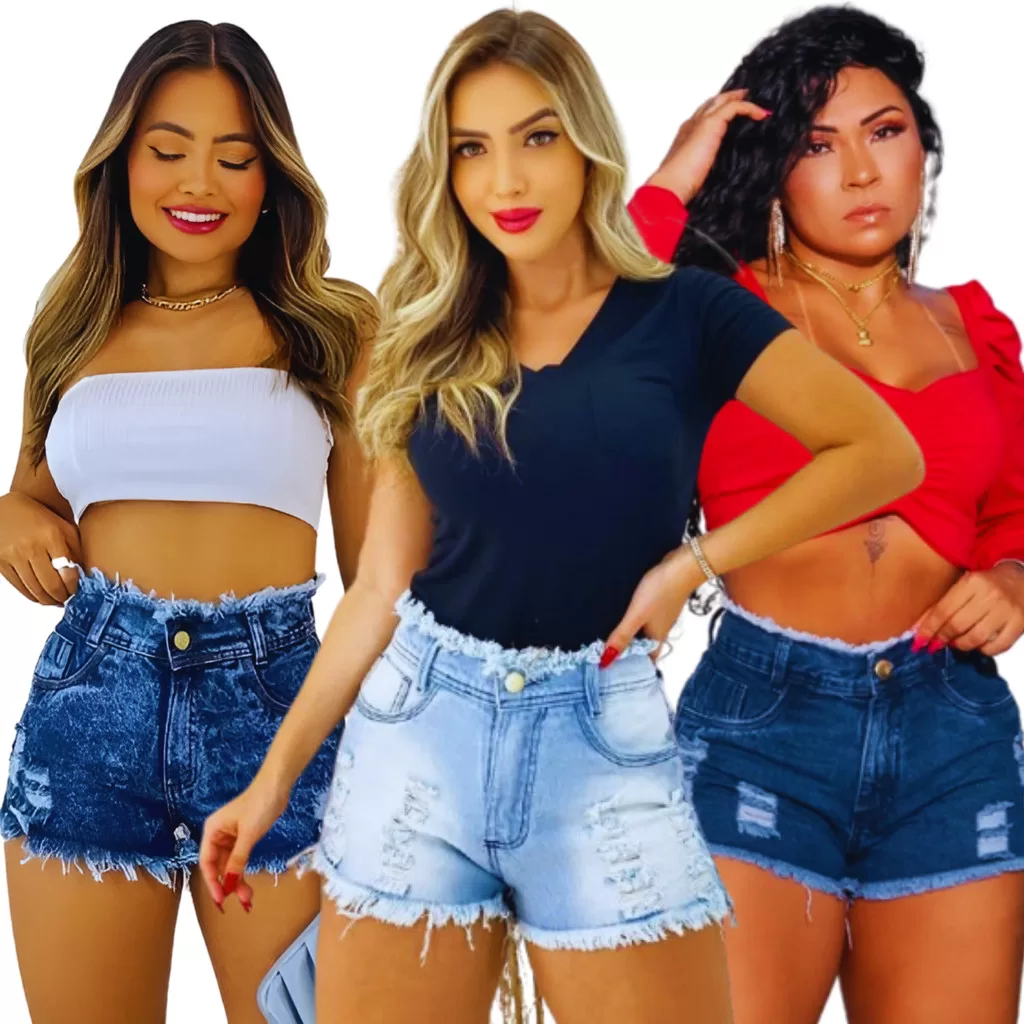 Kit 3 Short Jeans Femininos Cintura Alta Desfiado Botão Dourado Zíper Barra Destroyed Cós Alto