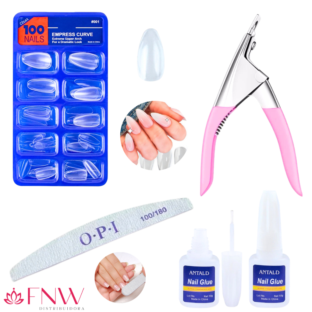 KIT UNHA POSTIÇA AMENDOADA REALISTA – 100 Postiças + 1 Cola com Pincel + 1 Cortador de Tips + 1 Lixa