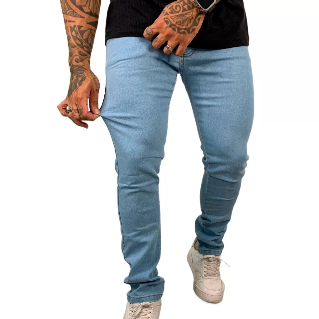 Calça Jeans Masculina Slim Básica Lisa com Lycra Lavagem Clara A- 110