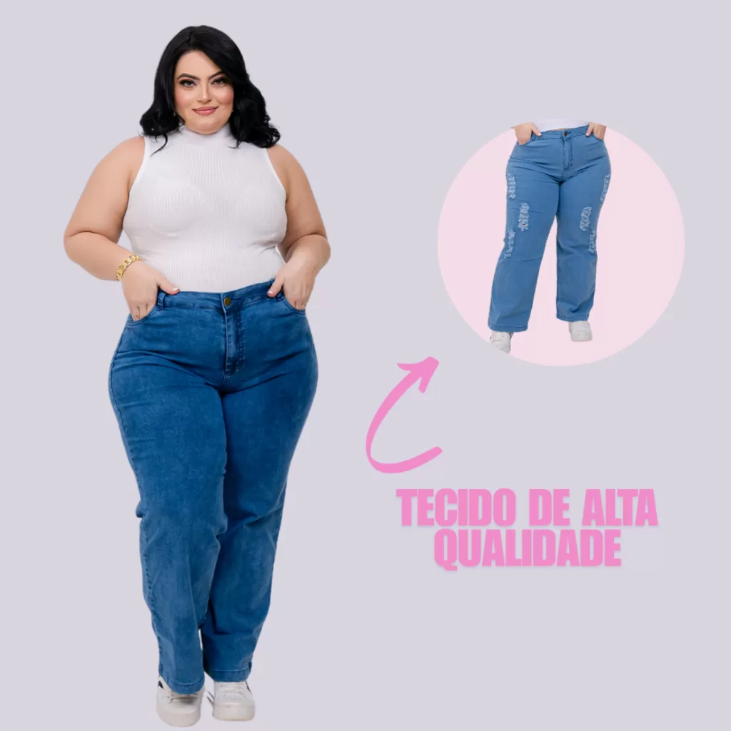 Calça feminina wide leg plus size jeans cintura alta com lycra fashion