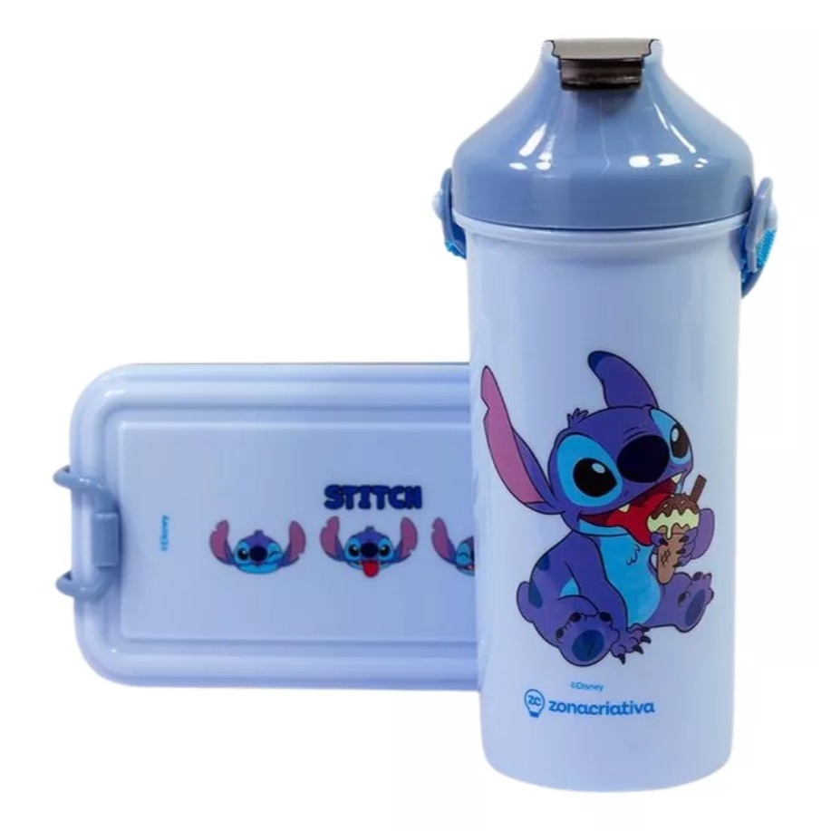 KIT LANCHEIRA MARMITA GARRAFA STITCH COM COLHER DISNEY ESCOLAR INFANTIL