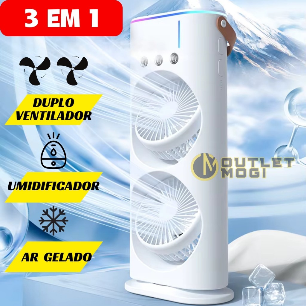 Umidificador Ambiente Torre Duplo Ventilador Recarregável USB LED Portátil Mesa Climatizador