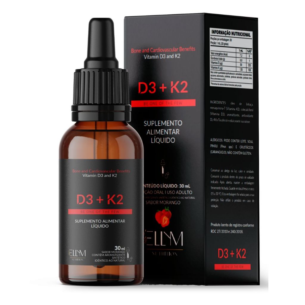 Vitamina D3+K2 Líquida 30ml ELLYM NUTRITION Suplemento Alimentar  Imunidade Cálcio Sabor Morango