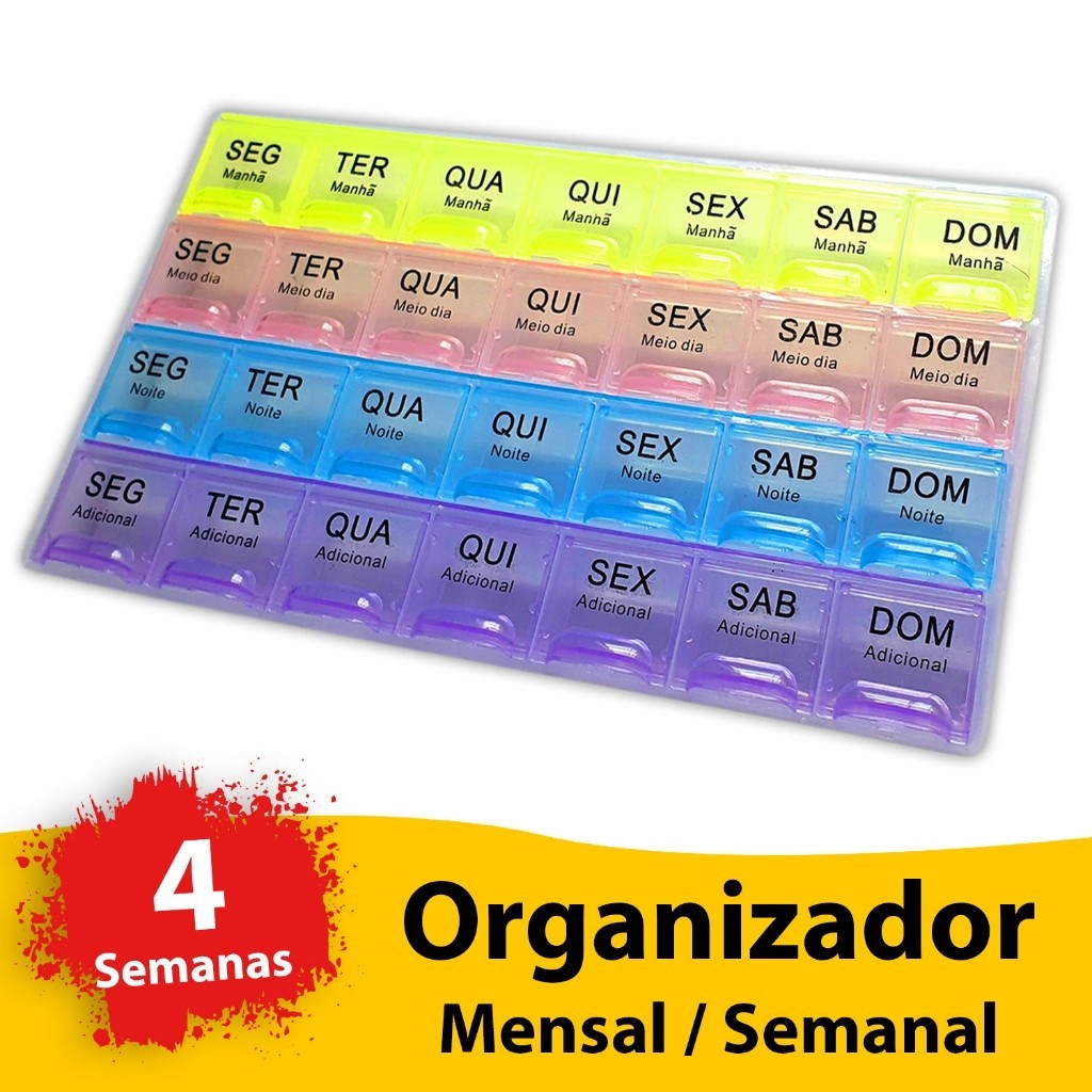 Porta Comprimidos Organiozador Remédios Medicamentos Semanal Mensal Colorida 2 em 1 Pronta Entrega