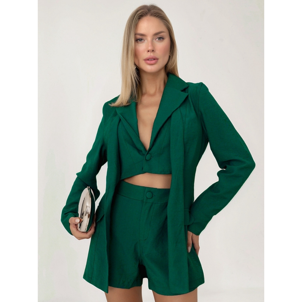 Conjunto Feminino Alfaiataria Blazer Colete Duplo Shorts Curto Elegante Clássico