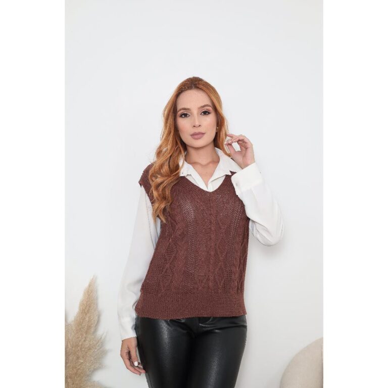 Colete Tricô Feminino Trançado Gola V Premium Mo