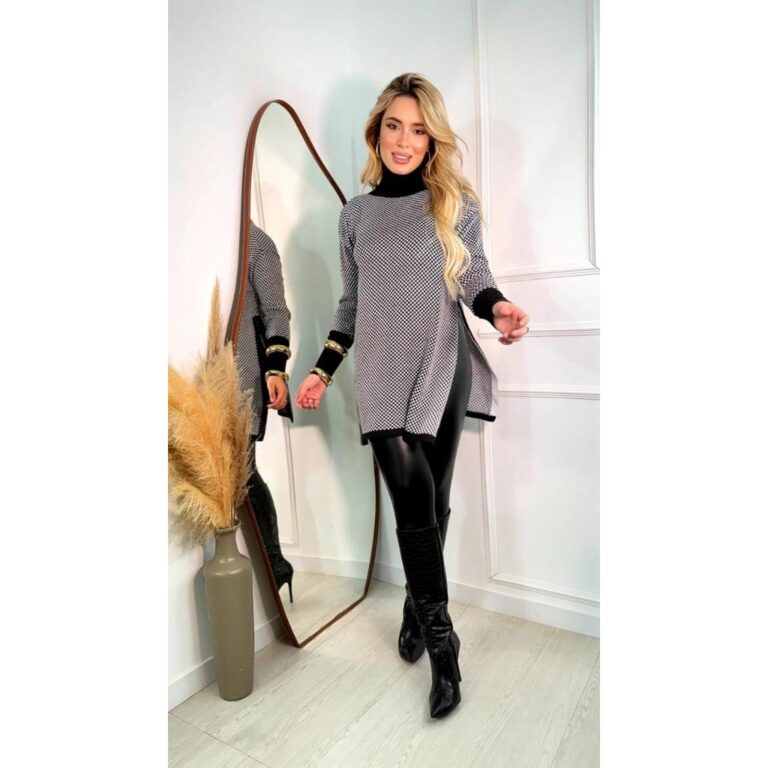 Poncho Xadrez Feminino Tricot Gola Alta Manga Long