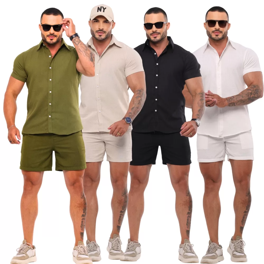 Conjunto de Linho Masculino Camisa de Botão Shorts Mauricinho Com Bolso Esporte Fino Social