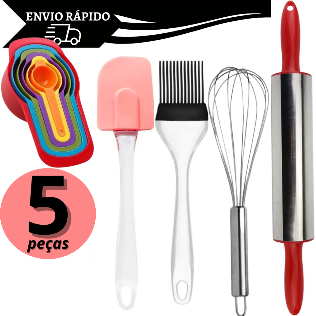 Kit Confeiteiro 5 Peças Rolo Inox + Pincel+ Espátula + Batedor Para Ovos + 6 Colher de Medida