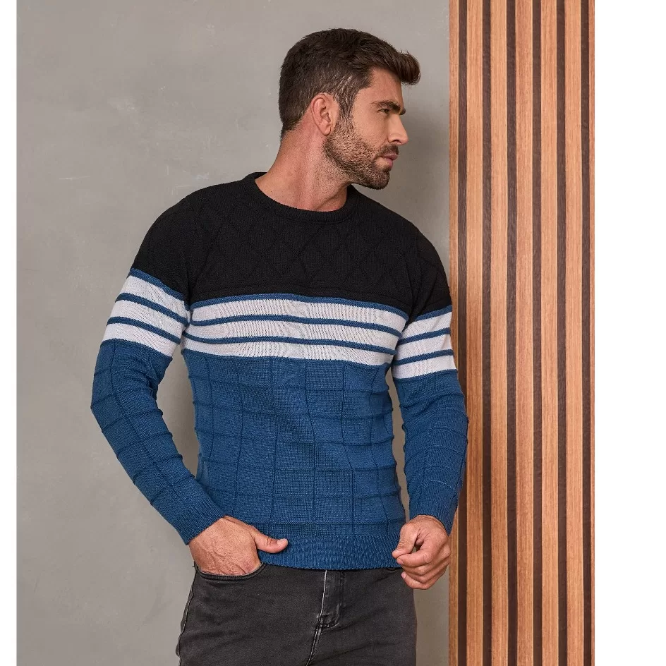 Blusa de Frio Térmica de Lã Sueter Tricot Masculino Manga Longa Gola Redonda Listrada Segunda Pele