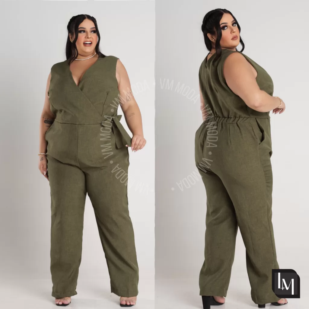 Macacão Longo Feminino Tecido Em Linho | Plus Size | Busto Transpassado Com  Decote V Elegante E Sof