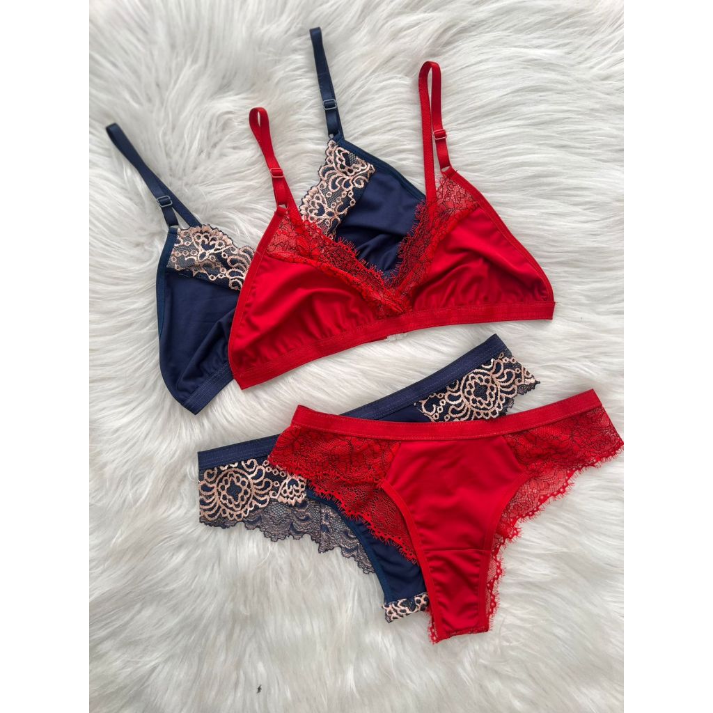 Conjunto Feminino de Lingerie Em Renda Sensual Microfibra Sem Bojo Sem Aro Sem Metal Confortável