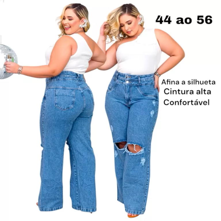 Calça Jeans Wide Leg Plus Size Feminina Cintura A