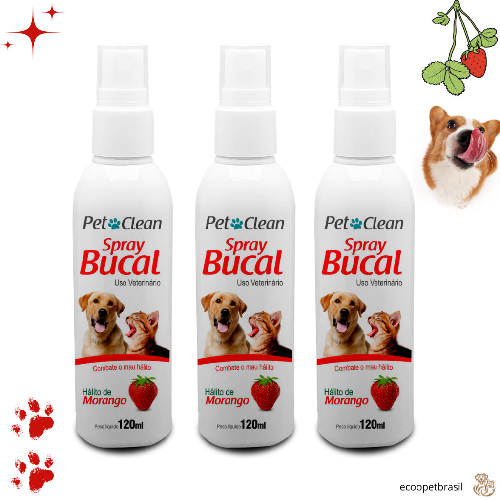 Combo 3 Spray Bucal para Cachorro e Gato Pet Clean – Sabor Morango – 120 ml (cada)
