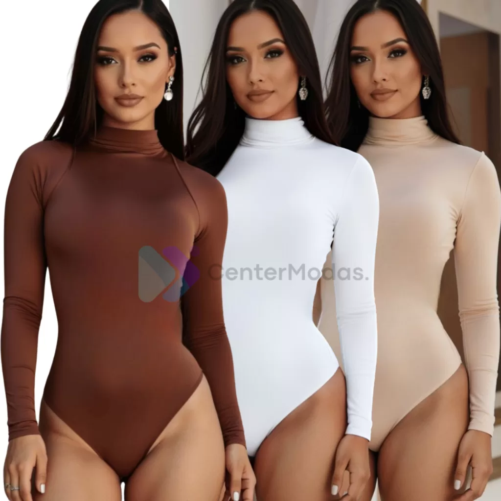 Kit 3 Body Feminino Gola Alta Manga Longa Cacharrel Segunda Pele Suplex Premium Bodi Bori