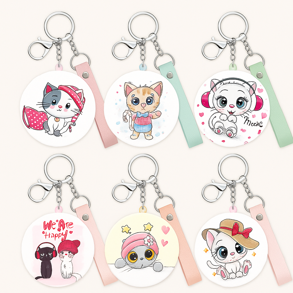 Espelho Chaveiro Duplo Gatinho 7,2cm | Estampado Fofo Platina